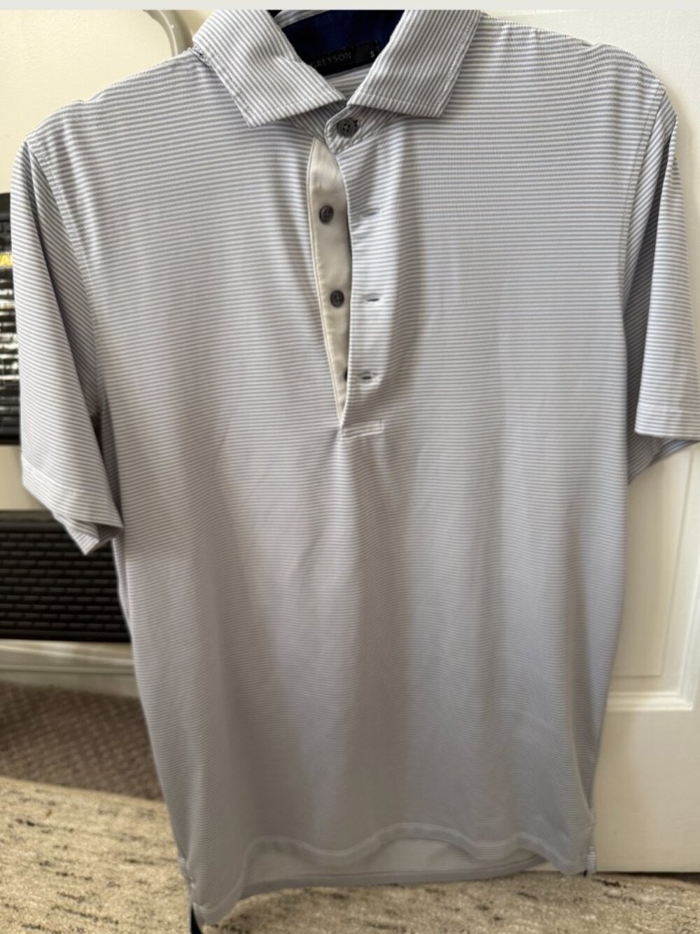 Mens Small Greyson Grey Striped Performance Polo – Small